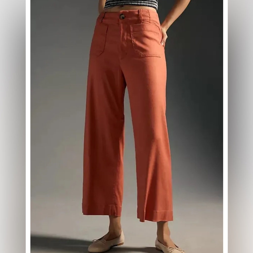 Maeve Anthropologie Colette Wide Cropped Pant Linen Blend Dark Orange 28